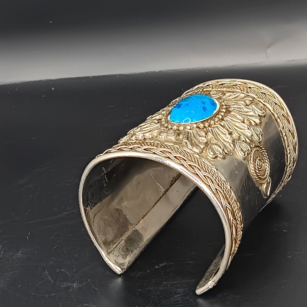Vintage Boho Silver Tone Wide Cuff Bracelet Faux Turquoise Filigree Statement